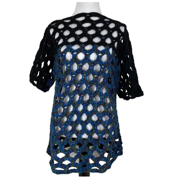Handmade Women's New‎ Black Blue Short Sleeve Open Knit Tunic Sweater L/C44 - Picture 1 of 8